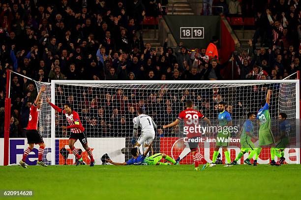 Virgil van Dijk of Southampton celebrates after scoring his team's first goal during the UEFA Europa League Group K match between Southampton FC and...