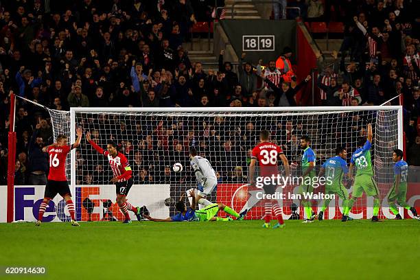 Virgil van Dijk of Southampton celebrates after scoring his team's first goal during the UEFA Europa League Group K match between Southampton FC and...