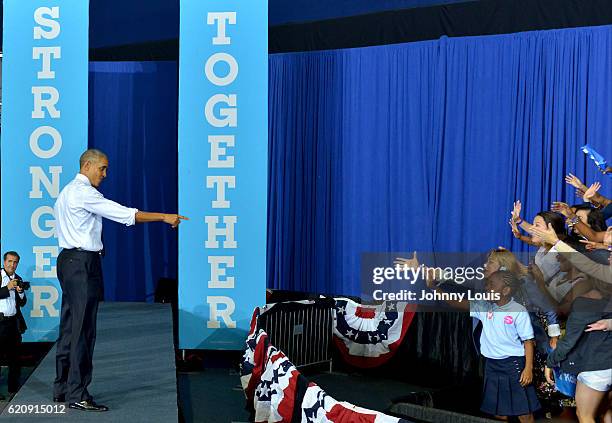 President Barack Obama speaks during a campaign rally to a crowd of 4,500 people in support of Democratic presidential candidate Hillary Clinton at...