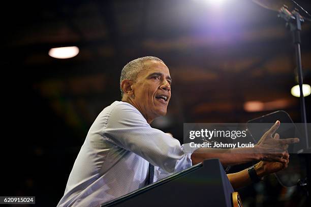 President Barack Obama speaks during a campaign rally to a crowd of 4,500 people in support of Democratic presidential candidate Hillary Clinton at...