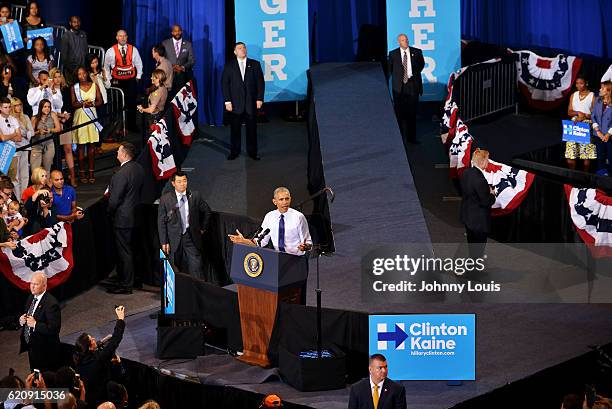 President Barack Obama speaks during a campaign rally to a crowd of 4,500 people in support of Democratic presidential candidate Hillary Clinton at...