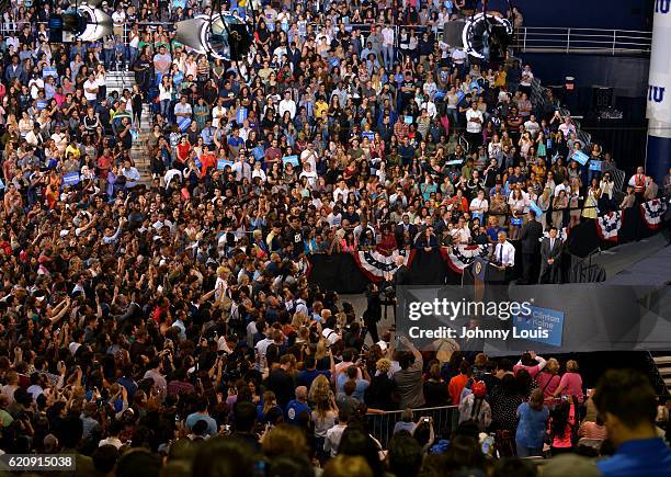 President Barack Obama speaks during a campaign rally to a crowd of 4,500 people in support of Democratic presidential candidate Hillary Clinton at...