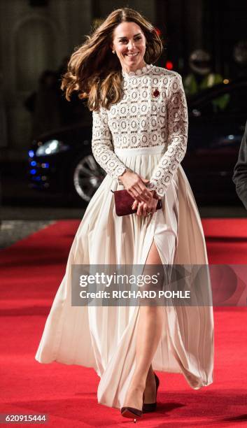 Britain's Catherine, Duchess of Cambridge arrives for the premiere of "A street cat named Bob" in London on November 3, 2016. The film tells the true...