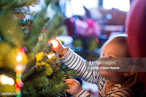 caucasian girl decorating christmas tree - real christmas tree stock pictures, royalty-free photos & images