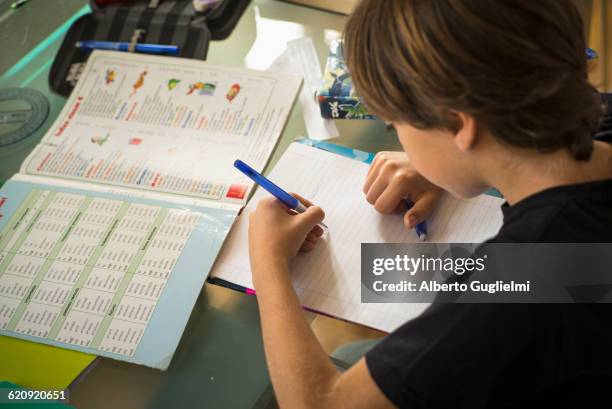 caucasian boy doing homework - spelling stockfoto's en -beelden