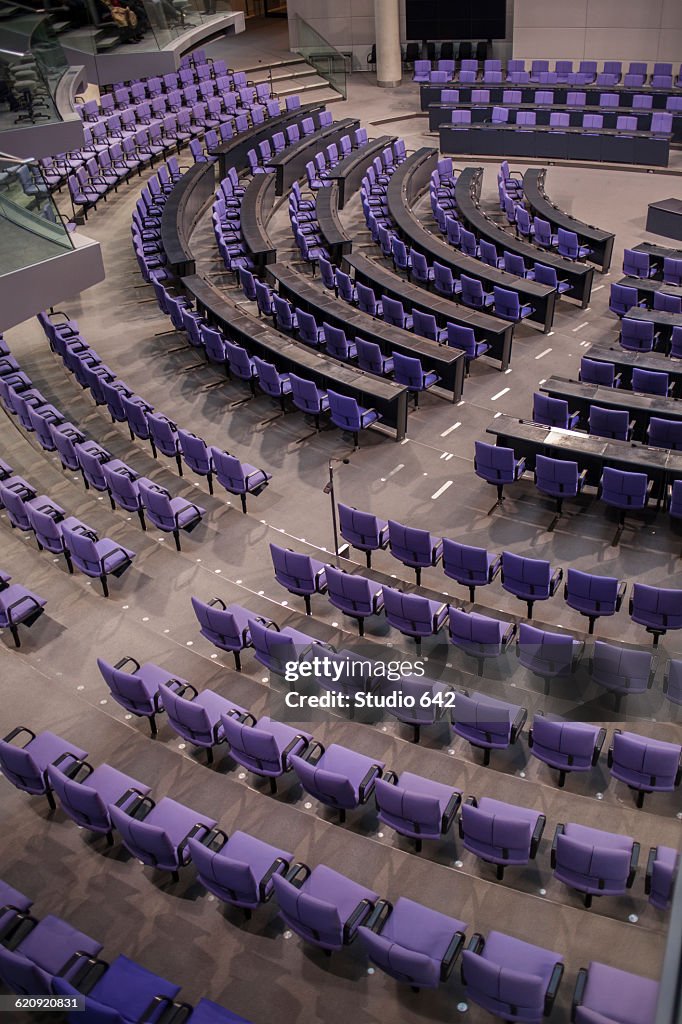 High angle view of empty chairs in German Parliament hall