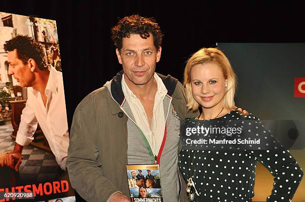 Gregor Bloeb and Katharina Strasser pose during the 'Landkrimi' presentation in Vienna at ORF Studio 2 on November 3, 2016 in Vienna, Austria.