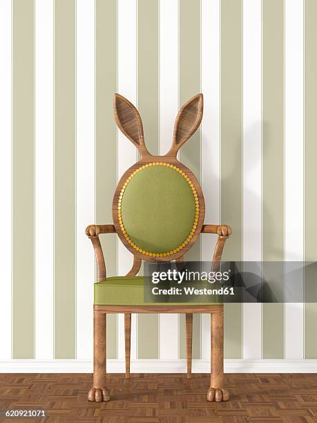 vintage armchair with rabbit ears in front of striped wallpaper, 3d rendering - haus und extravagant stock-grafiken, -clipart, -cartoons und -symbole