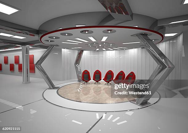 futuristic room with five red swivel chairs, 3d rendering - oberlicht stock-grafiken, -clipart, -cartoons und -symbole