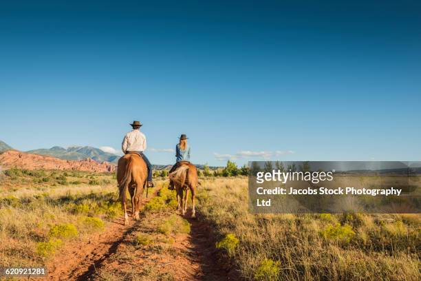 hispanic couple riding horses on rural path - horseback riding stock pictures, royalty-free photos & images