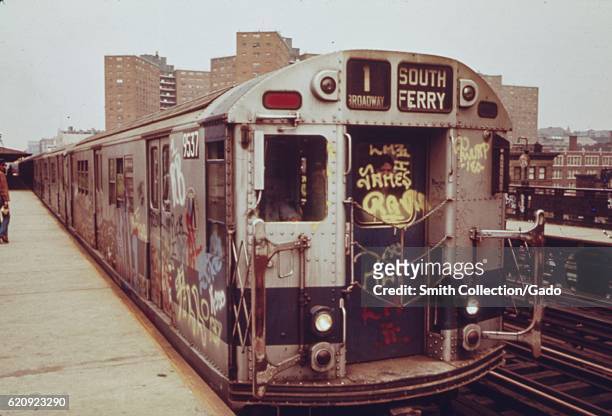 Subway car marked with extensive graffiti, New York City, New York, May, 1973. Image courtesy National Archives. .