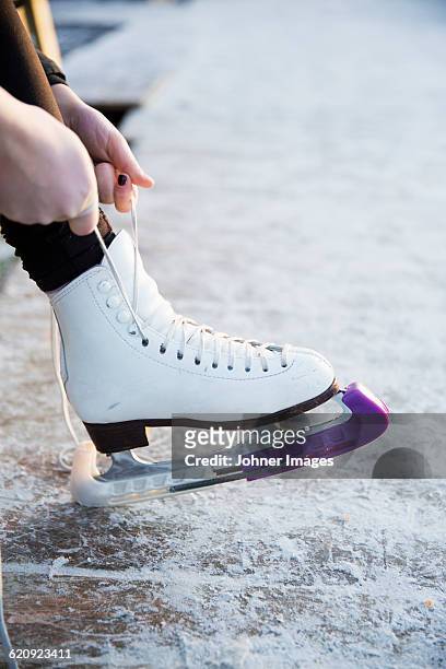 woman putting ice skate on - ice skate 個照片及圖片檔