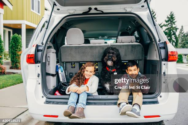 mixed race children sitting with dog in car hatch - hatch stock pictures, royalty-free photos & images