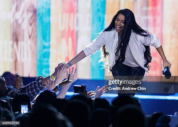 Comedian Lilly Singh speaks onstage during 'WE Day Vancouver' at Rogers Arena on November 3, 2016 in Vancouver, Canada.