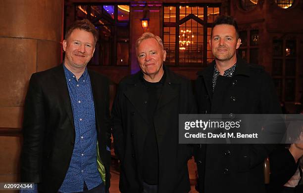 Phil Cunningham, Bernard Sumner and Tom Chapman arrive at The Principal Manchester for the STYLE x PRINCIPAL Party on November 3, 2016 in Manchester,...