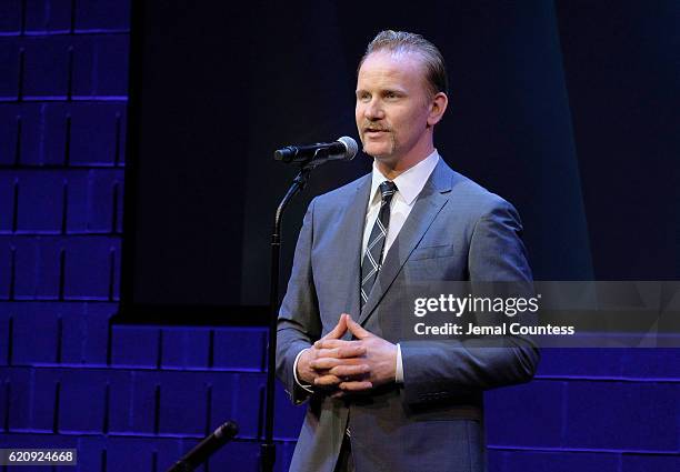 Filmmaker Morgan Spurlock speaks on stage during Critics' Choice Documentary Awards at BRIC Arts Center on November 3, 2016 in the Brooklyn borough...