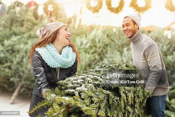 couple hauling tree at christmas tree farm - christmas tree farm fotografías e imágenes de stock