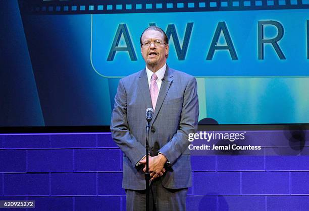 Penn Jillette speaks on stage during Critics' Choice Documentary Awards at BRIC Arts Center on November 3, 2016 in the Brooklyn borough of New York...
