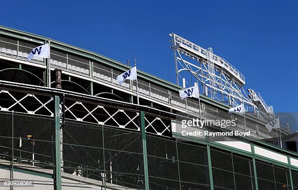 Flags flies atop Wrigley Field, home of the Chicago Cubs, celebrating the Cubs' world series win against the Cleveland Indians in Chicago, Illinois...