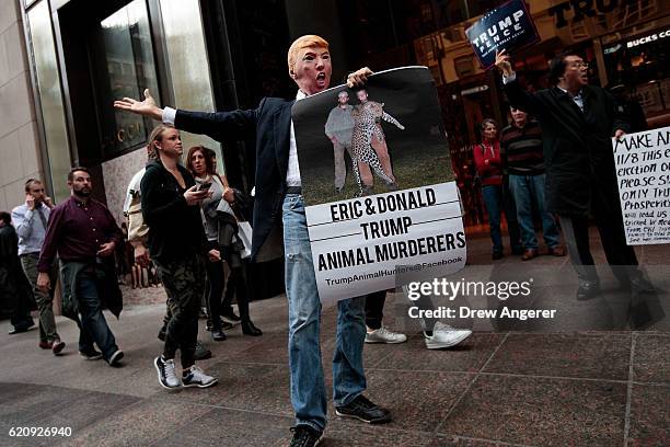 Man protests Republican presidential candidate Donald Trump and Eric Trump's treatment of animals outside of Trump Tower, November 3, 2016 in New...