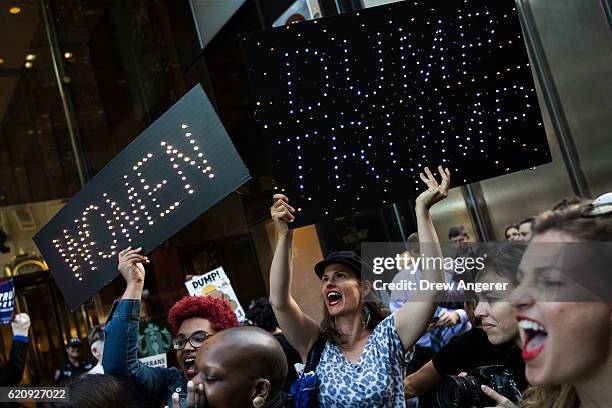 Group of protestors, comprised mostly of women, rally against Republican presidential candidate Donald Trump outside of Trump Tower, November 3, 2016...