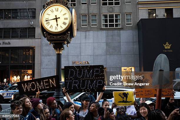 Group of protestors, comprised mostly of women, rally against Republican presidential candidate Donald Trump outside of Trump Tower, November 3, 2016...