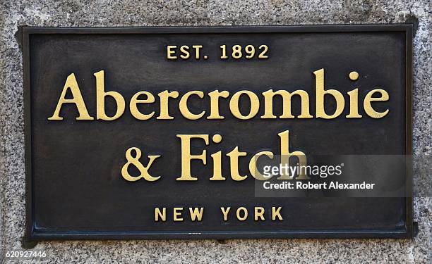 September 5, 2016: A metal plaque is attached to the stone facade of an Abercrombie & Fitch store in Dublin, Ireland. Founded in New York City in...