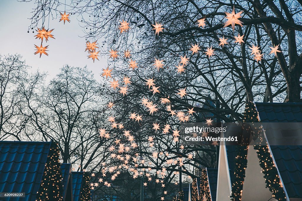 Decoration of paper stars on trees over roofs of the Christmas Market during dusk