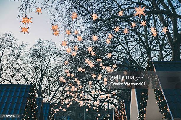 decoration of paper stars on trees over roofs of the christmas market during dusk - christmas market decoration stock pictures, royalty-free photos & images