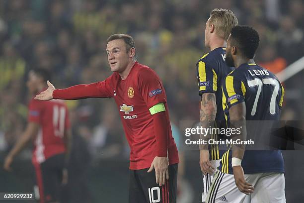 Wayne Rooney of Manchester United argues a referees decision during the UEFA Europa League Group A match between Fenerbahce SK and Manchester United...