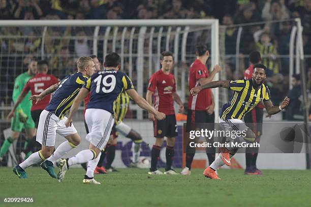 Jeremain Lens of Fenerbahce celebrates scoring his sides second goal during the UEFA Europa League Group A match between Fenerbahce SK and Manchester...