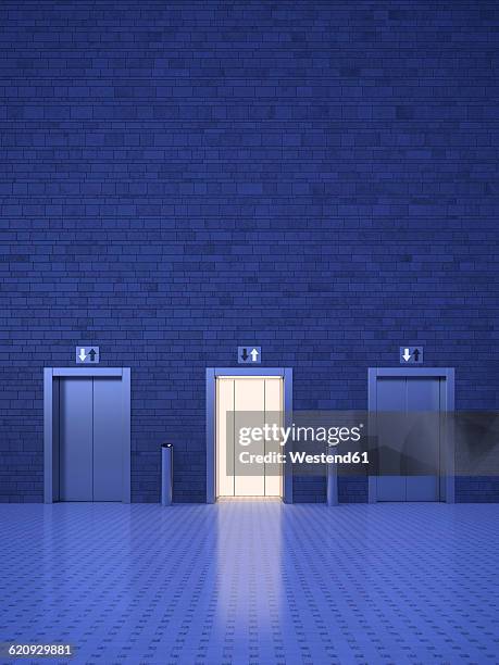 lifts, blue lighting mood, open door, different directions - glass building door stock illustrations