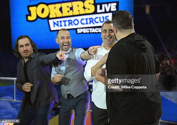 Brian Quinn, James Murray, Joe Gatto, and Sal Vulcano speak during Impractical Jokers Live: Nitro Circus Spectacular at Prudential Center on November...
