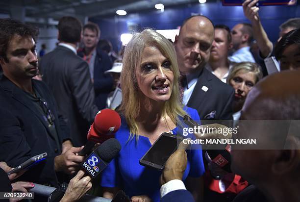 Trump campaign manager Kellyanne Conway speaks to reporters after Melania Trump, the wife of Republican presidential nominee Donald Trump, spoke at a...