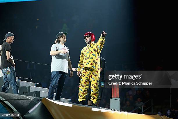 Joey Fatone and Brian Quinn perform at Impractical Jokers Live: Nitro Circus Spectacular at Prudential Center on November 3, 2016 in Newark, New...