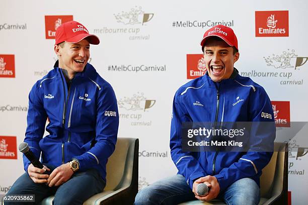 Jockeys James McDonald and William Buick speak to the media during an Emirates Stakes Day press conference at Lumia Rogue on November 4, 2016 in...