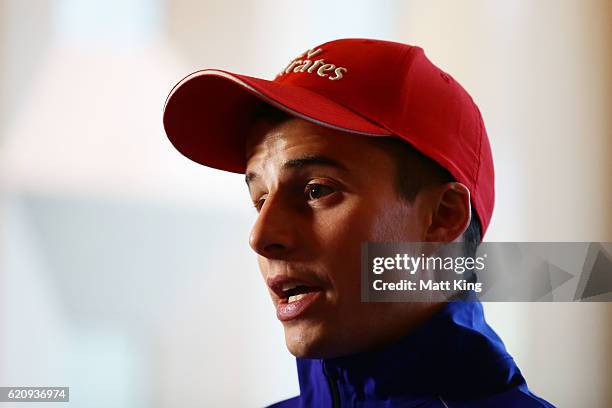 Jockey William Buick speaks to the media during an Emirates Stakes Day press conference at Lumia Rogue on November 4, 2016 in Melbourne, Australia.