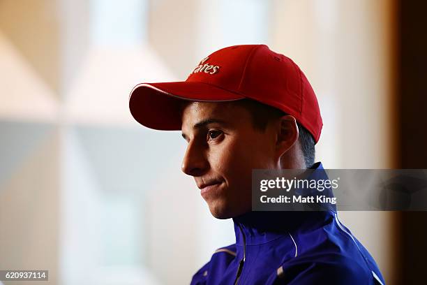 Jockey William Buick speaks to the media during an Emirates Stakes Day press conference at Lumia Rogue on November 4, 2016 in Melbourne, Australia.