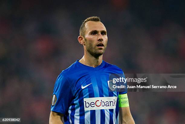 Thomas Buffel of KRC Genk reacts during the UEFA Europa League match between Athletic Club and KRC Genk at San Mames Stadium on November 3, 2016 in...