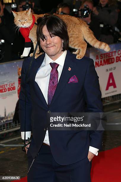 James Bowen and Bob the cat attend UK Premiere of "A Street Cat Named Bob" in aid of Action On Addiction on November 3, 2016 in London, United...