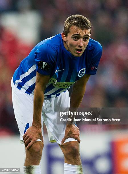 Timoty Castagne of KRC Genk reacts during the UEFA Europa League match between Athletic Club and KRC Genk at San Mames Stadium on November 3, 2016 in...