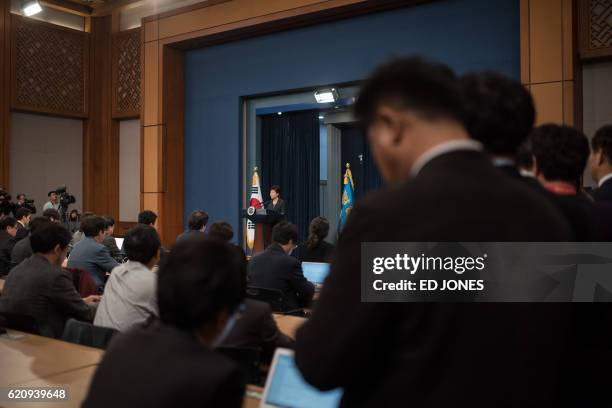 South Korea's President Park Geun-Hye speaks during an address to the nation at the presidential Blue House in Seoul on November 4, 2016. Park on...