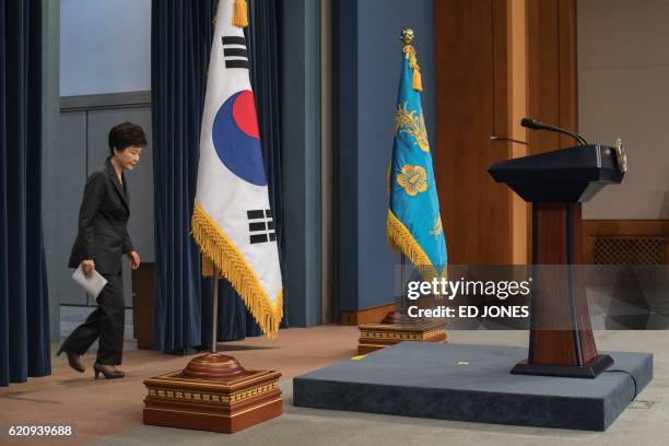 South Korea's President Park Geun-Hye arrives to deliver an address to the nation at the presidential Blue House in Seoul on November 4, 2016. Park...
