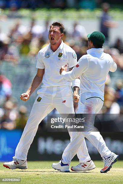 Dale Steyn of South Africa celebrates the wicket of David Warner of Australia during day two of the First Test match between Australia and South...