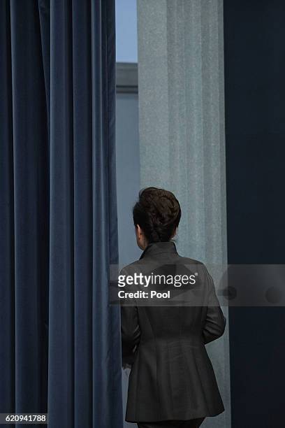 South Korean President Park Geun-Hye exitd after delivering an address to the nation, at the presidential Blue House on November 4, 2016 in Seoul,...