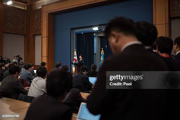 South Korean President Park Geun-Hye speaks during an address to the nation, at the presidential Blue House on November 4, 2016 in Seoul, South Korea.