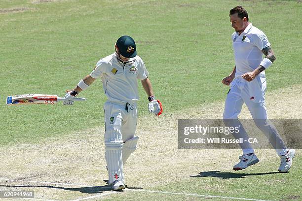 David Warner of Australia leaves the field on 97 after being dismissed by Dale Steyn of South Africa during day two of the First Test match between...