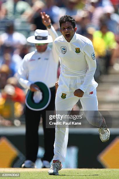 Keshav Maharaj of South Africa celebrates after dismissing Steve Smith of Australia without scoring during day two of the First Test match between...