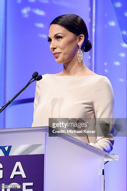 Actress Moran Atias speaks onstage during the Friends Of The Israel Defense Forces Western Region Gala at The Beverly Hilton Hotel on November 3,...