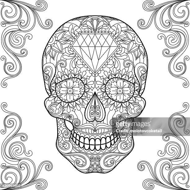 adult coloring sugar skull 1 - sugar skull stock illustrations